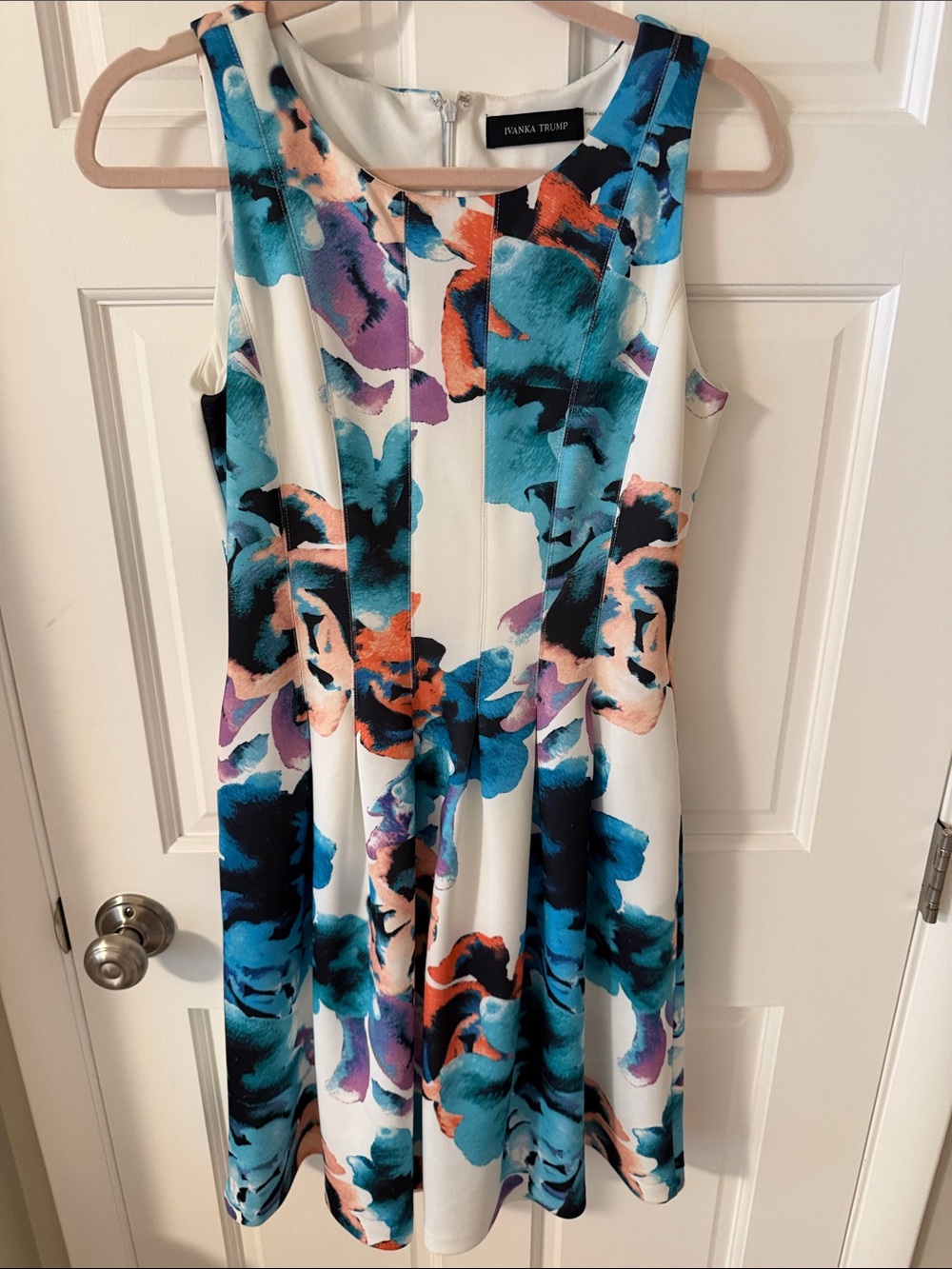Ivanka Trump Abstract Watercolor Floral Scuba Sleeveless Fit & Flare Dress 6